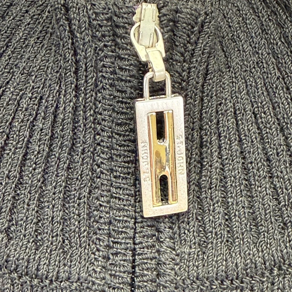 St John Wool Rayon Full Zip Mock‎ Neck Geometric Sweater Black Tan Medium READ